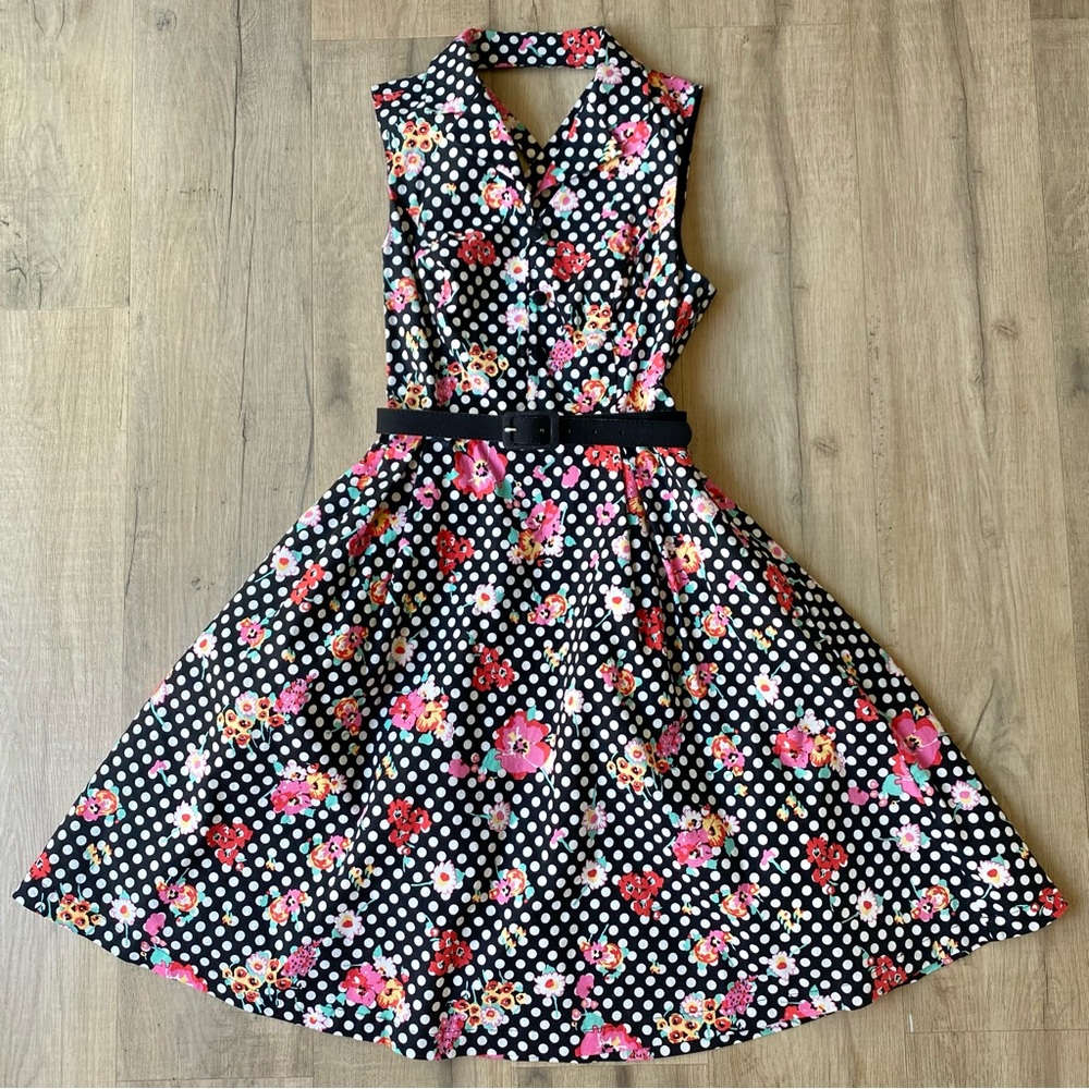 ModCloth Floral Polka Dot Sleeveless Dress w/ Belt & Pockets
